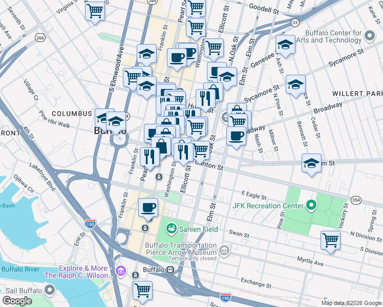 map of restaurants, bars, coffee shops, grocery stores, and more near 92 Clinton Street in Buffalo