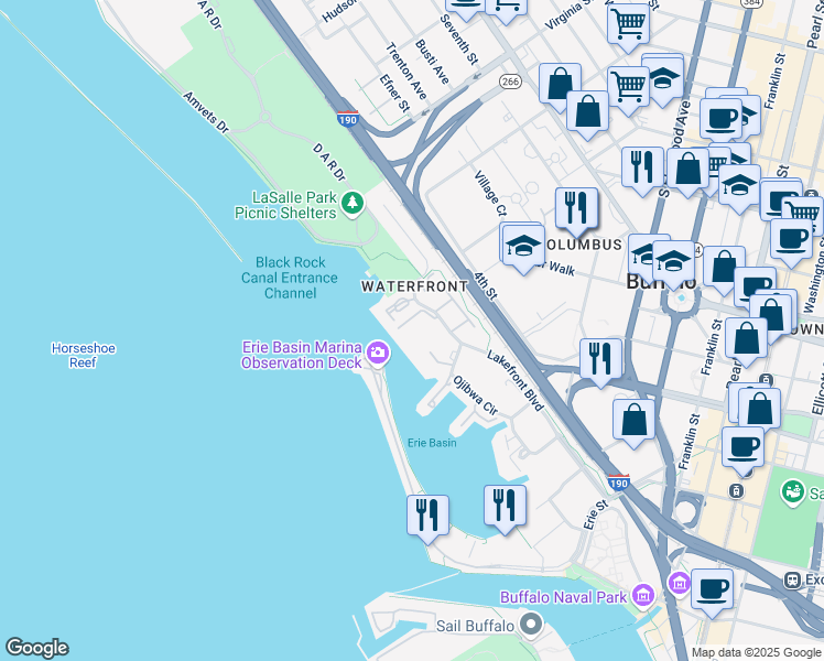 map of restaurants, bars, coffee shops, grocery stores, and more near 8 Marina Park South in Buffalo