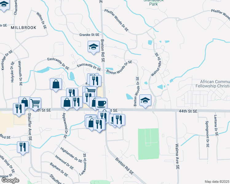 map of restaurants, bars, coffee shops, grocery stores, and more near 4364 Breton Road Southeast in Kentwood