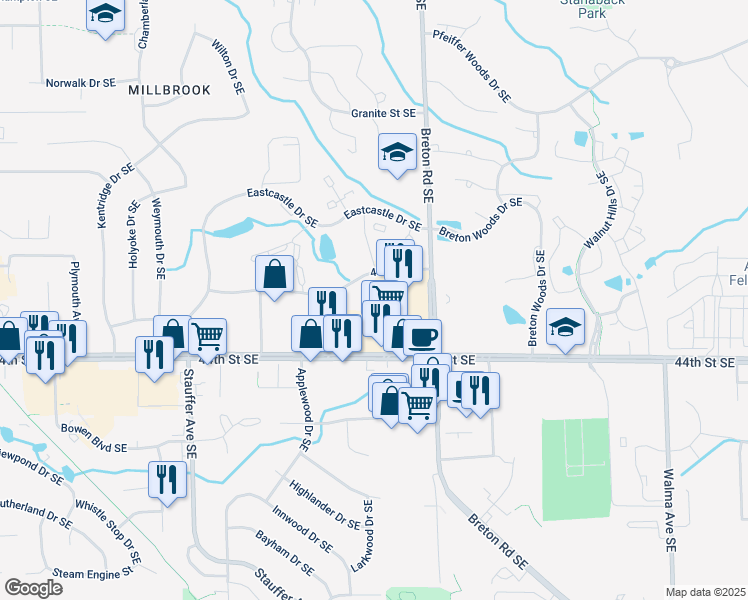map of restaurants, bars, coffee shops, grocery stores, and more near 2400 43rd St SE in Grand Rapids