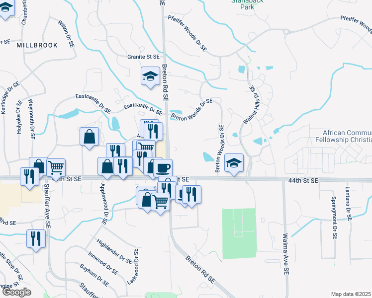 map of restaurants, bars, coffee shops, grocery stores, and more near 4352 Breton Road Southeast in Kentwood
