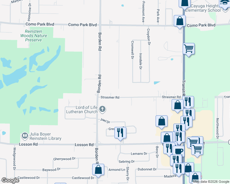 map of restaurants, bars, coffee shops, grocery stores, and more near 70 Strasmer Road in Depew