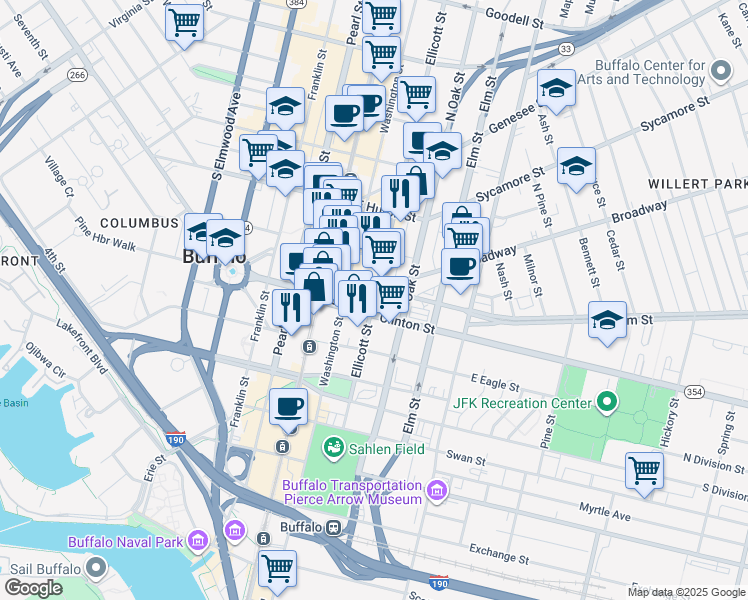 map of restaurants, bars, coffee shops, grocery stores, and more near 92 Clinton Street in Buffalo