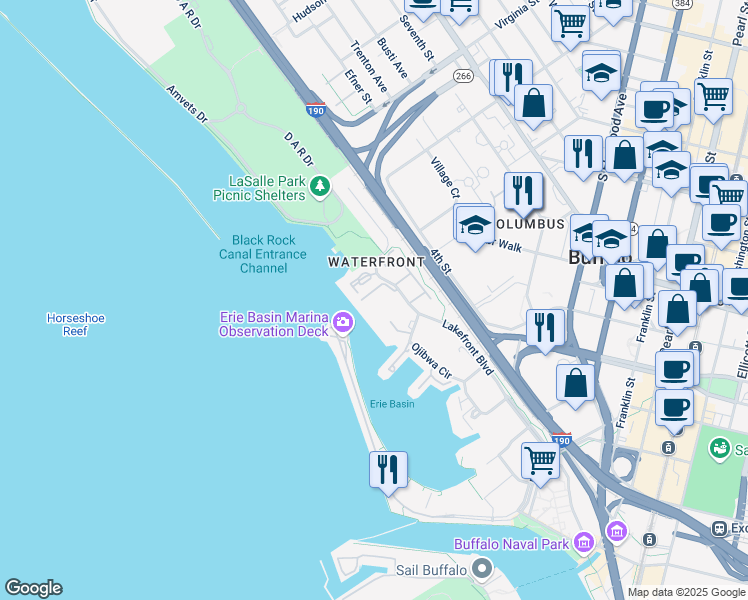 map of restaurants, bars, coffee shops, grocery stores, and more near 8 Marina Park South in Buffalo