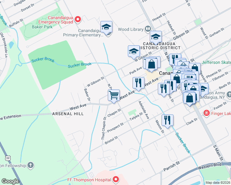 map of restaurants, bars, coffee shops, grocery stores, and more near 209 Davidson Avenue in Canandaigua