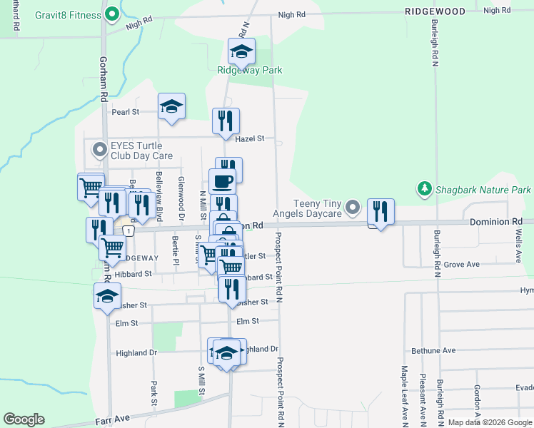 map of restaurants, bars, coffee shops, grocery stores, and more near 3623 Niagara 1 in Fort Erie