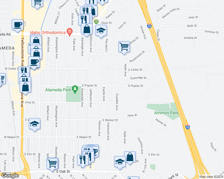 map of restaurants, bars, coffee shops, grocery stores, and more near 580 Fairmont Avenue in Pocatello