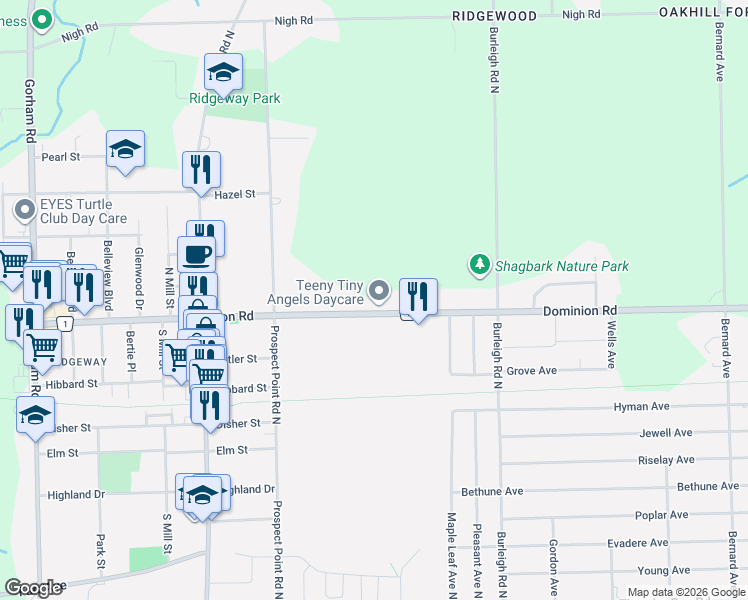map of restaurants, bars, coffee shops, grocery stores, and more near 3471 Niagara 1 in Fort Erie