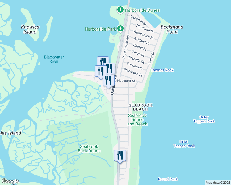 map of restaurants, bars, coffee shops, grocery stores, and more near 565 Nashua Street in Seabrook