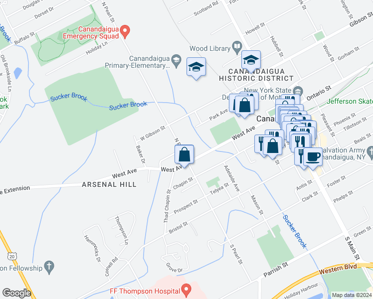 map of restaurants, bars, coffee shops, grocery stores, and more near 178 West Avenue in Canandaigua