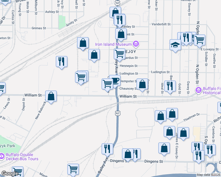 map of restaurants, bars, coffee shops, grocery stores, and more near in Buffalo
