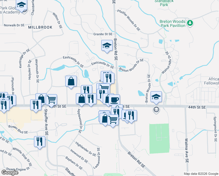 map of restaurants, bars, coffee shops, grocery stores, and more near 4325 Breton Road Southeast in Grand Rapids