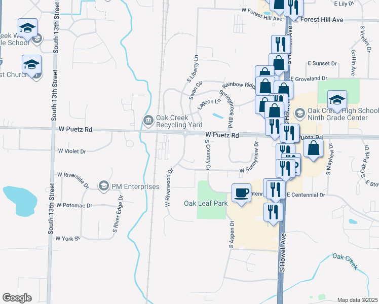 map of restaurants, bars, coffee shops, grocery stores, and more near in Oak Creek