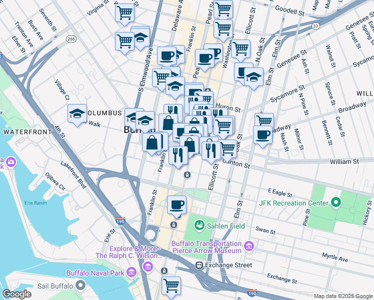 map of restaurants, bars, coffee shops, grocery stores, and more near 395 Main Street in Buffalo