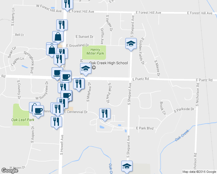 map of restaurants, bars, coffee shops, grocery stores, and more near 8741 South Oak Park Drive in Oak Creek