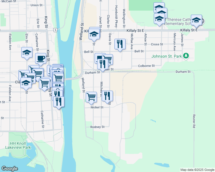 map of restaurants, bars, coffee shops, grocery stores, and more near 92 Louis Street in Port Colborne