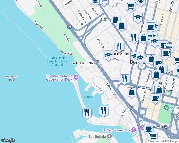 map of restaurants, bars, coffee shops, grocery stores, and more near 8 Marina Park South in Buffalo