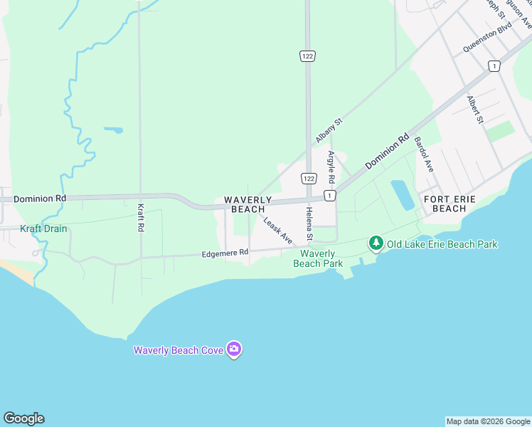 map of restaurants, bars, coffee shops, grocery stores, and more near 344 Leask Avenue in Fort Erie