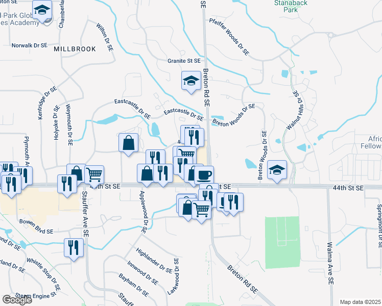map of restaurants, bars, coffee shops, grocery stores, and more near 4325 Breton Road Southeast in Grand Rapids