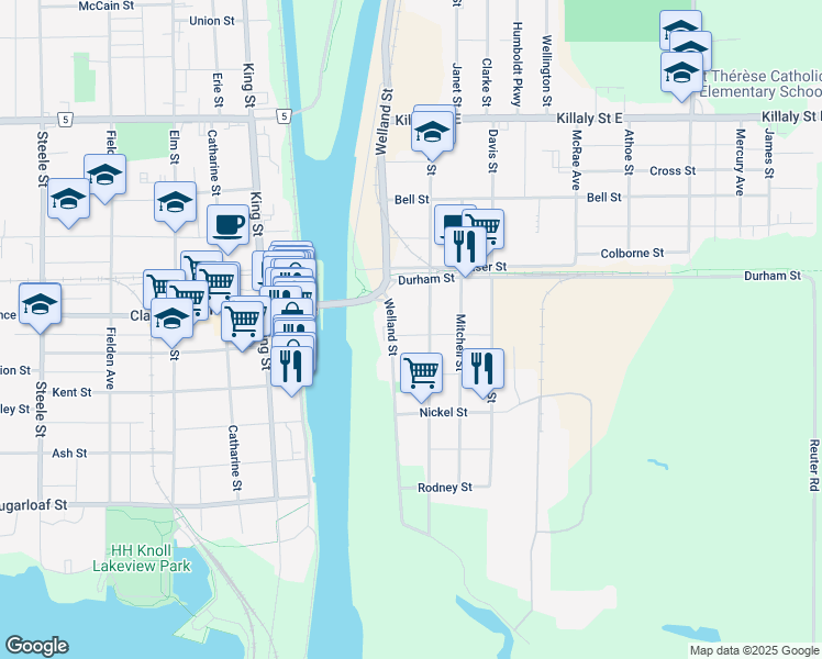 map of restaurants, bars, coffee shops, grocery stores, and more near 18 Louis Street in Port Colborne