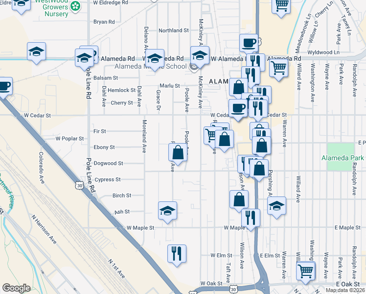 map of restaurants, bars, coffee shops, grocery stores, and more near 525 Poole Avenue in Pocatello