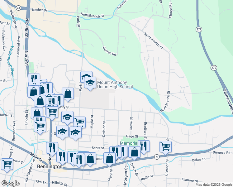 map of restaurants, bars, coffee shops, grocery stores, and more near 115 Congress Street in Bennington