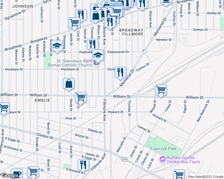 map of restaurants, bars, coffee shops, grocery stores, and more near 900 William Street in Buffalo