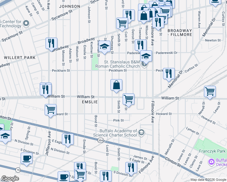 map of restaurants, bars, coffee shops, grocery stores, and more near 725 William Street in Buffalo