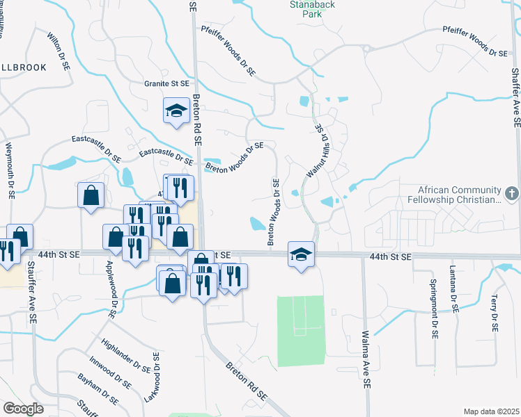 map of restaurants, bars, coffee shops, grocery stores, and more near 2505 44th Street Southeast in Kentwood