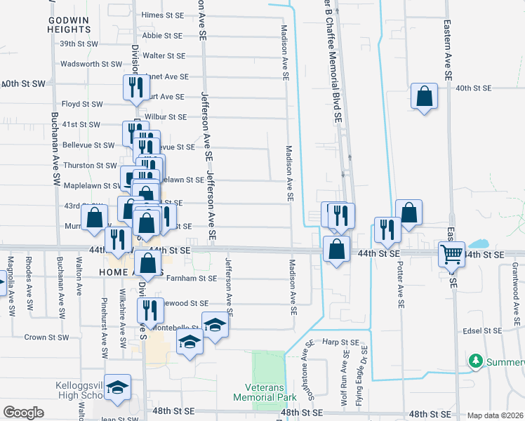 map of restaurants, bars, coffee shops, grocery stores, and more near 319 Murray Street Southeast in Grand Rapids
