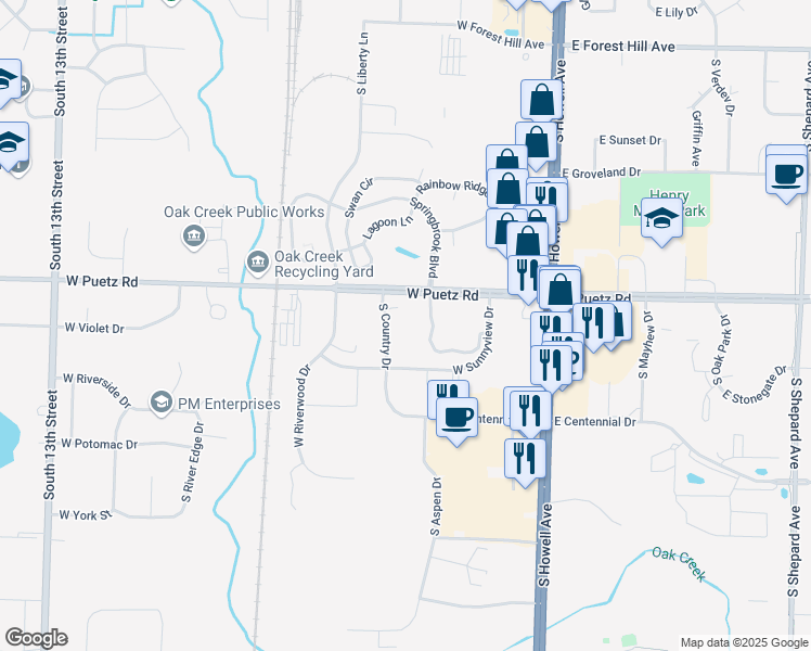 map of restaurants, bars, coffee shops, grocery stores, and more near 8800 South Country Drive in Oak Creek