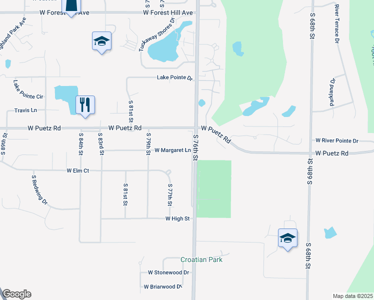 map of restaurants, bars, coffee shops, grocery stores, and more near 8785 South 76th Street in Franklin