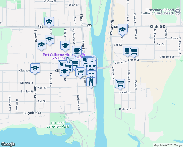 map of restaurants, bars, coffee shops, grocery stores, and more near 228 West Street in Port Colborne