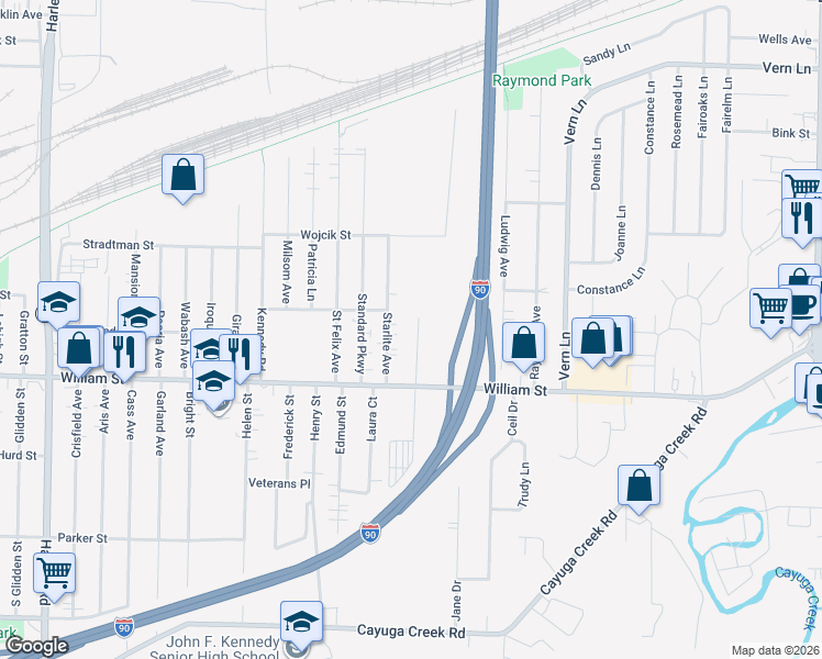 map of restaurants, bars, coffee shops, grocery stores, and more near 27 Starlite Avenue in Buffalo