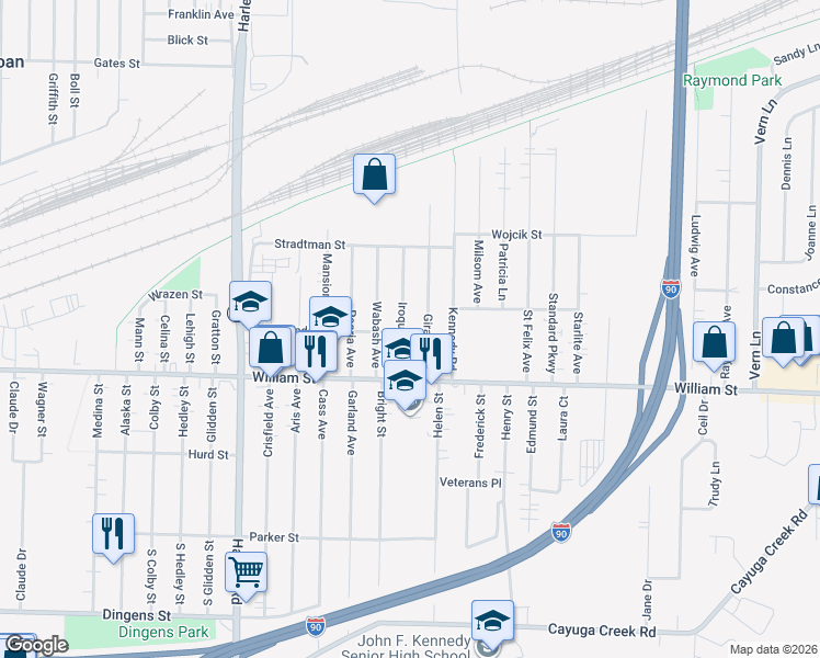 map of restaurants, bars, coffee shops, grocery stores, and more near 22 Iroquois Avenue in Buffalo