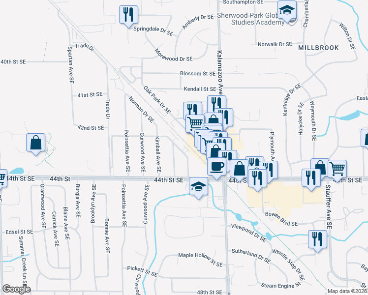 map of restaurants, bars, coffee shops, grocery stores, and more near 4300 Norman Drive Southeast in Grand Rapids