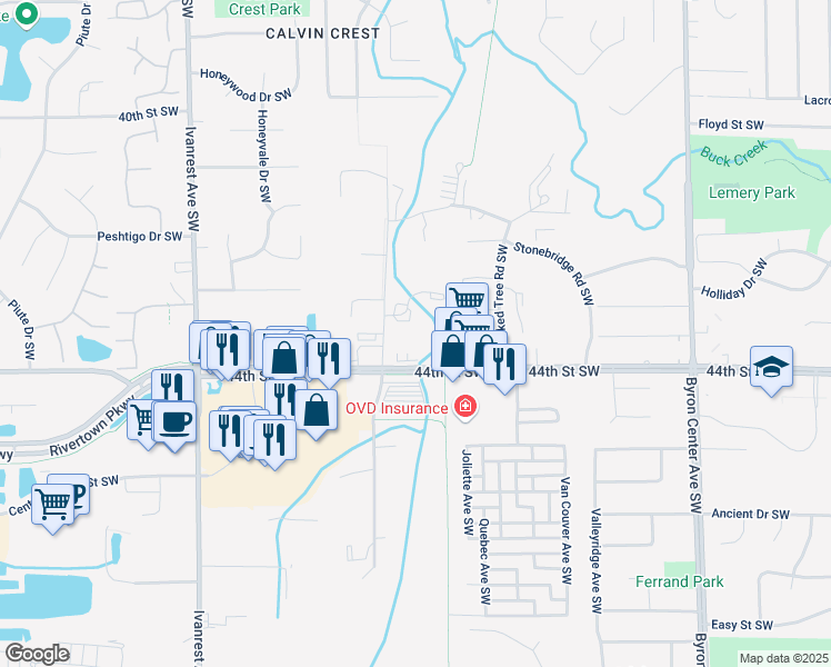 map of restaurants, bars, coffee shops, grocery stores, and more near in Grandville