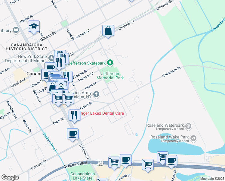 map of restaurants, bars, coffee shops, grocery stores, and more near 275 Jefferson Avenue in Canandaigua