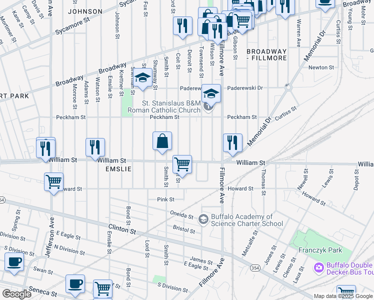 map of restaurants, bars, coffee shops, grocery stores, and more near 86 Detroit Street in Buffalo
