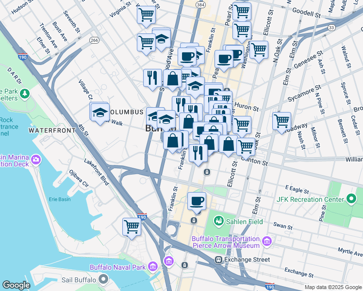 map of restaurants, bars, coffee shops, grocery stores, and more near 160 Court Street in Buffalo
