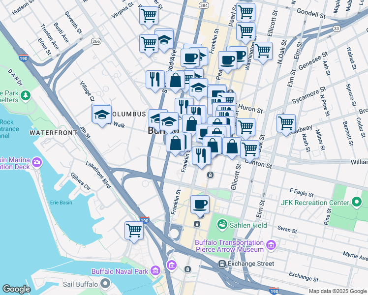 map of restaurants, bars, coffee shops, grocery stores, and more near in Buffalo
