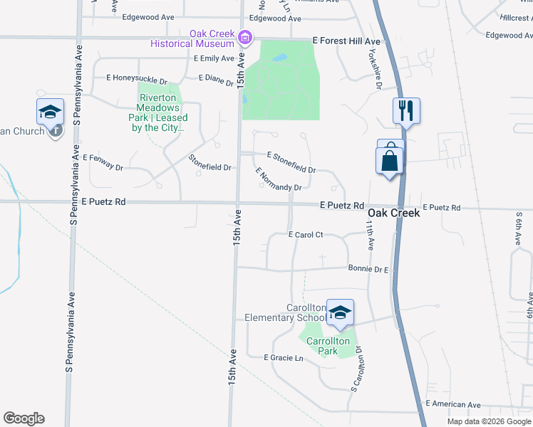 map of restaurants, bars, coffee shops, grocery stores, and more near 3265 Normandy Court in Oak Creek