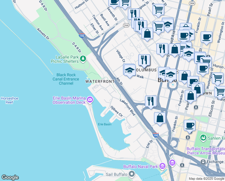 map of restaurants, bars, coffee shops, grocery stores, and more near 241 Lakefront Boulevard in Buffalo