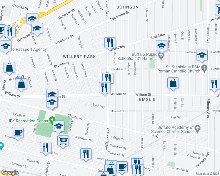 map of restaurants, bars, coffee shops, grocery stores, and more near 397 Jefferson Avenue in Buffalo