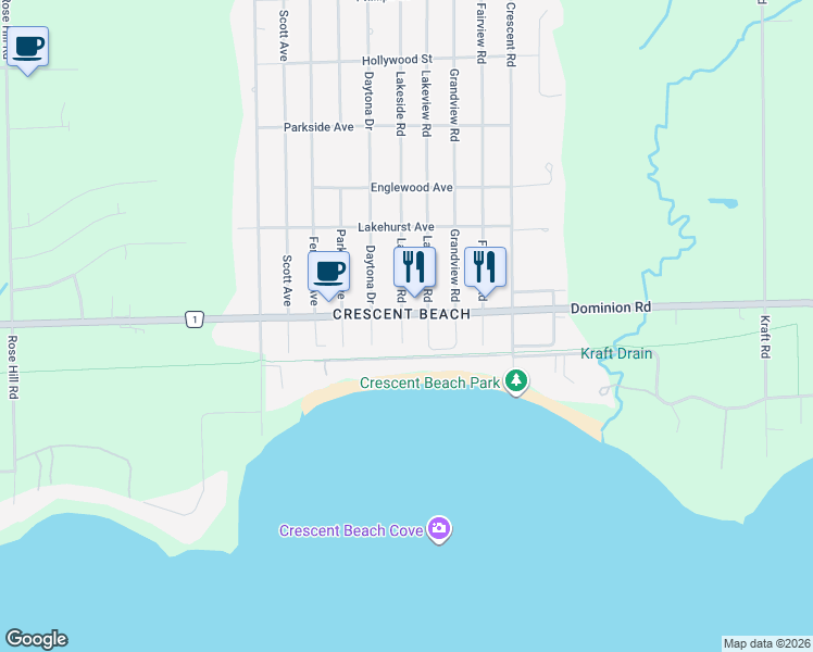 map of restaurants, bars, coffee shops, grocery stores, and more near 395 Lakeside Road in Fort Erie