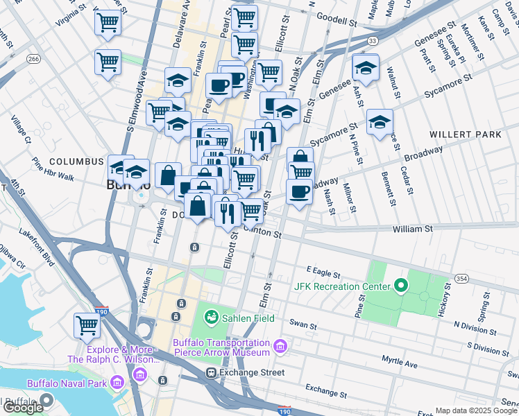 map of restaurants, bars, coffee shops, grocery stores, and more near 55 William Street in Buffalo