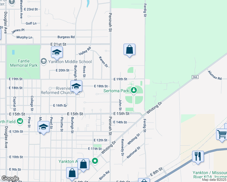 map of restaurants, bars, coffee shops, grocery stores, and more near 1800-1808 Peninah St in Yankton