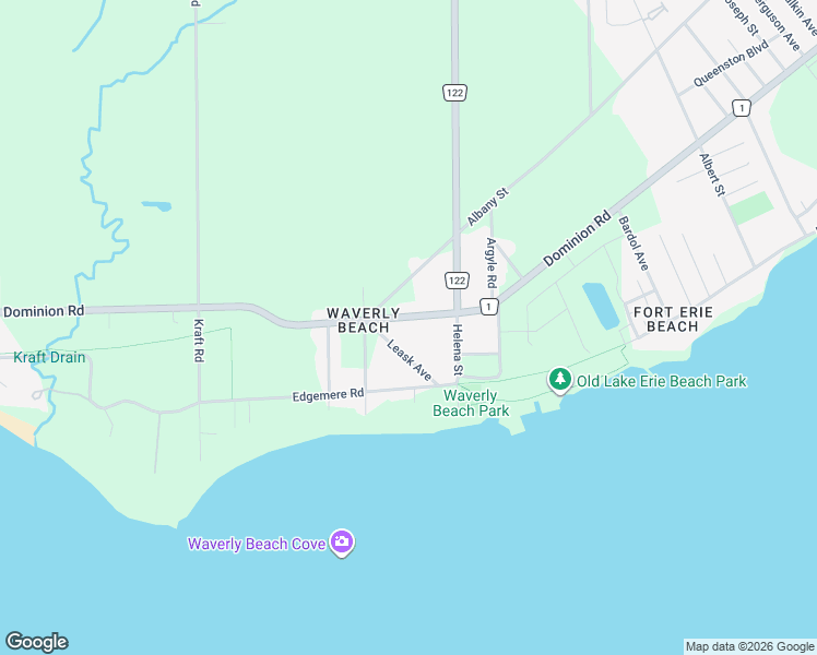 map of restaurants, bars, coffee shops, grocery stores, and more near 732 Dominion Road in Fort Erie