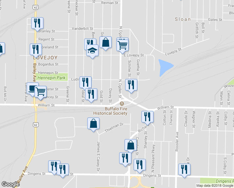 map of restaurants, bars, coffee shops, grocery stores, and more near 42 North Ogden Street in Buffalo