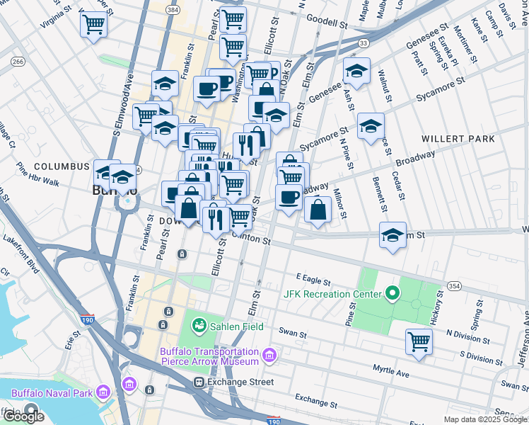 map of restaurants, bars, coffee shops, grocery stores, and more near 77 Broadway in Buffalo